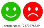 Happy smiling and negative sad feedback emojis isolated on white background. Positive and negative mood emotional expression, green and red flat facial illustrations.