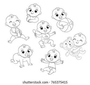 Happy smiling newborn boy or girl in different situations. Set with cute little baby in diaper. Funny cartoon character. Vector illustration. Isolated on white background. Coloring book