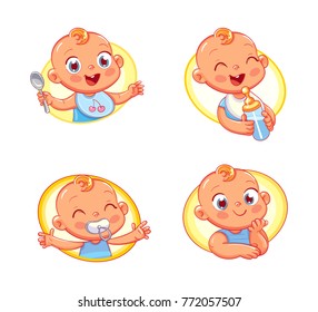 Happy smiling newborn boy or girl. Collection of toddler portraits in different situations. Logo design template for baby food and kids hygiene products and children's store. Funny cartoon character