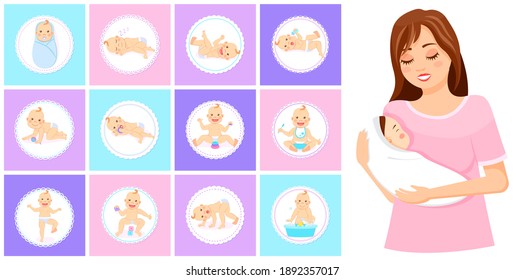 Happy smiling newborn in different situations. Set with cute little baby in diaper. Funny cartoon character. The child is playing with toys, sleeping, bathing. Mother holding a infant in her arms