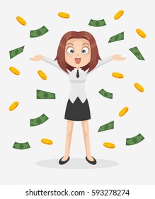 Happy smiling office worker business woman character standing under money rain. Vector flat cartoon illustration