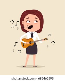 Happy smiling office worker business woman character sing song and play guitar on corporate event in club. Vector flat cartoon illustration