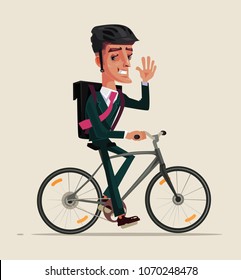 Happy smiling office worker businessman character in business suit riding bicycle and go for work and waving hand. Healthy lifestyle bike cycle concept. Vector flat cartoon graphic design isolated