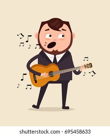 Happy smiling office worker businessman character sing song and play guitar on corporate event in club. Vector flat cartoon illustration