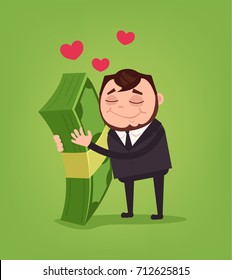 Happy smiling office worker businessman character hug big money. Vector flat cartoon illustration