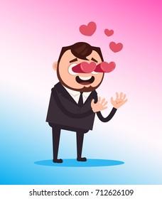 Happy smiling office worker businessman character fall in love. Eyes heart shape. Vector flat cartoon illustration