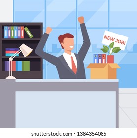 Happy smiling office worker character gets new job. Recruitment head hunting concept. Vector flat cartoon graphic design illustration