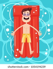 Happy smiling office worker man character swimming on inflatable mattress in swimming pool. Resort holiday vacation relax rest sunbathing summer time sunny day concept. Top view. Vector flat cartoon i