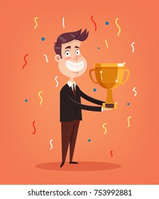 Happy smiling office worker man character winner holding golden cup. Vector flat illustration