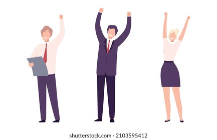 Happy Smiling Office Worker with Raised Hands Cheering About Goal Achievement Vector Set