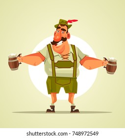 Happy smiling Oktoberfest man character holding mug beer. Vector flat cartoon illustration