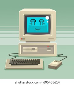 Happy smiling old computer character. Vector flat cartoon illustration