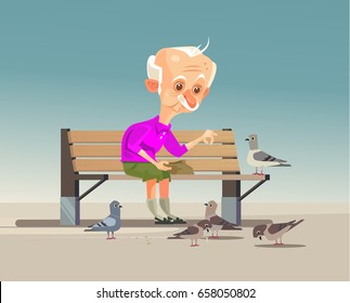 Happy smiling old grandfather character feeding doves. Vector flat cartoon illustration