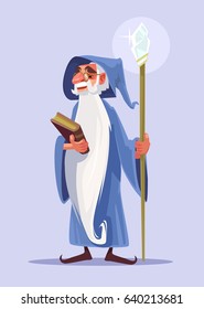 Happy smiling old magician character with white beard hold magic book. Vector flat cartoon illustration