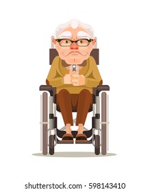 Happy smiling old man character sitting in wheelchair. Vector flat cartoon illustration