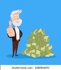 Happy smiling old man grandfather character standing near big pile heap of money dollars currency. Good pension retirement service savings. Vector flat cartoon isolated graphic design illustration