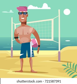 Happy smiling old man play beach volleyball. Vector flat cartoon illustration