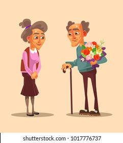 Happy smiling old people date. Vector flat cartoon illustration
