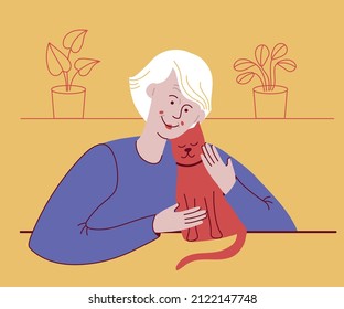 Happy smiling old woman with cat. Senior woman relaxing at home. Vector illustration.