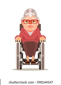 Happy smiling old woman character sitting in wheelchair. Vector flat cartoon illustration
