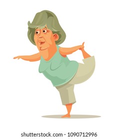 Happy smiling old woman grandma doing yoga sport activity. Active healthy lifestyle retirement cartoon flat isolated illustration