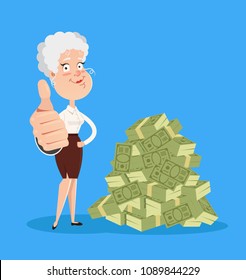 Happy smiling old woman grandmother character standing near big pile heap of money dollars currency. Good pension retirement service savings. Vector flat cartoon isolated graphic design illustration