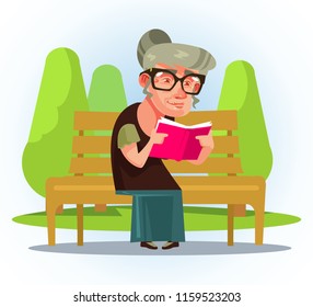 Happy smiling old woman grandmother granny character sitting on bench in public park and reading. Vector flat cartoon illustration