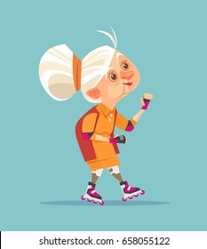 Happy smiling old woman grandmother character on roller skating. Vector flat cartoon illustration