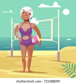 Happy smiling old woman play beach volleyball. Vector flat cartoon illustration