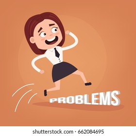 Happy smiling optimistic business woman office worker character jump over problems. Vector flat cartoon illustration