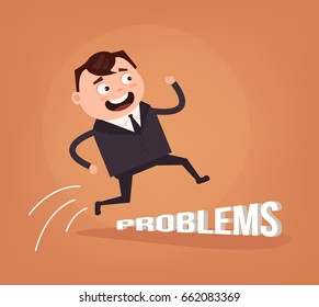 Happy smiling optimistic businessman office worker character jump over problems. Vector flat cartoon illustration