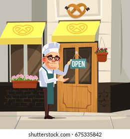 Happy smiling owner baker cook men character opening cafe and welcome. Vector flat cartoon illustration