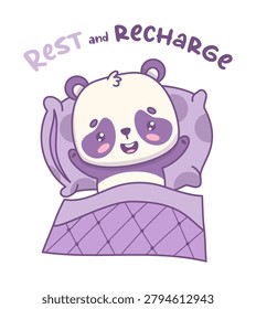 Happy Smiling Panda Bear With Paws Up On Pillow Under Weighted Blanket. Kawaii Cute Cozy Cartoon Animal With Funny Slogan. Vector Illustration