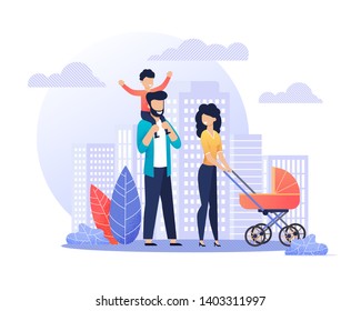 Happy Smiling Parents on Walk Flat Illustration. Young Married Couple with Children Strolling. Mother Carrying Baby Pram, Father Riding Son on Shoulders. Vector Cartoon Cityscape Street