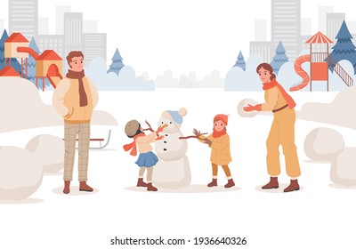 Happy smiling parents spending weekends with their children outdoor at winter city park vector flat illustration. Mother, father and kids making snowman together at children playground.