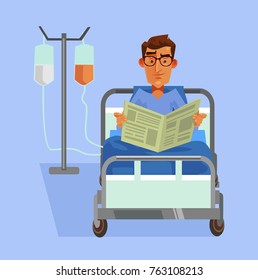 Happy smiling patient laying in bed and reading newspaper. Vector flat cartoon illustration 