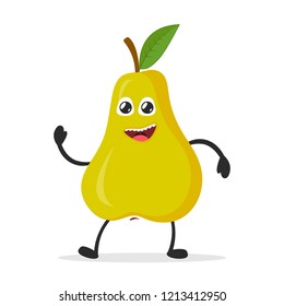 Happy smiling pear. Funny fruit concept. Flat cartoon character icon. Vector illustration.