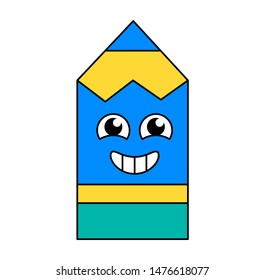 Happy smiling pencil emoticon. Laughing, funny study equipment emoji. Social media cartoon sticker