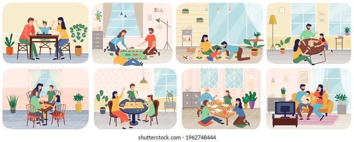 Happy smiling people adults and children sitting at table and playing board or tabletop games together. Home leisure activity for friends or family members parents and kids. Parenting and daycare