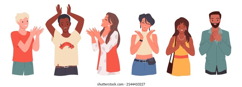 Happy smiling people applaud with appreciation and praise set vector illustration. Cartoon woman and man standing, cute grateful male and female characters clapping with enthusiasm isolated on white