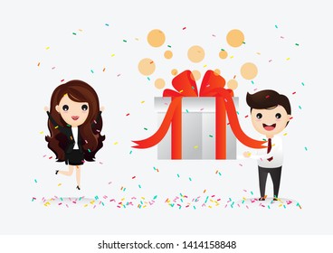Happy smiling people are carrying a large gift box. Bonus or special offer. Present. Illustration of cartoon businessman carrying big gift box. vector, illustration