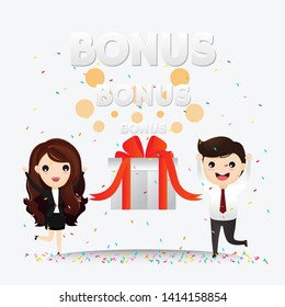 Happy smiling people are carrying a large gift box. Bonus or special offer. Present. Illustration of cartoon businessman carrying big gift box. vector, illustration