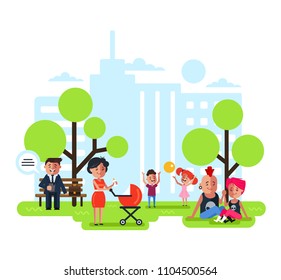 Happy smiling people characters relaxing, walking, working, meeting, dating and communication in public green park. Social happy life and spending time. Vector flat cartoon graphic design illustration