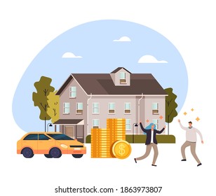 Happy smiling people couple man woman characters buy new car and new house. Bank credit loan deposit concept. Vector flat cartoon graphic design illustration