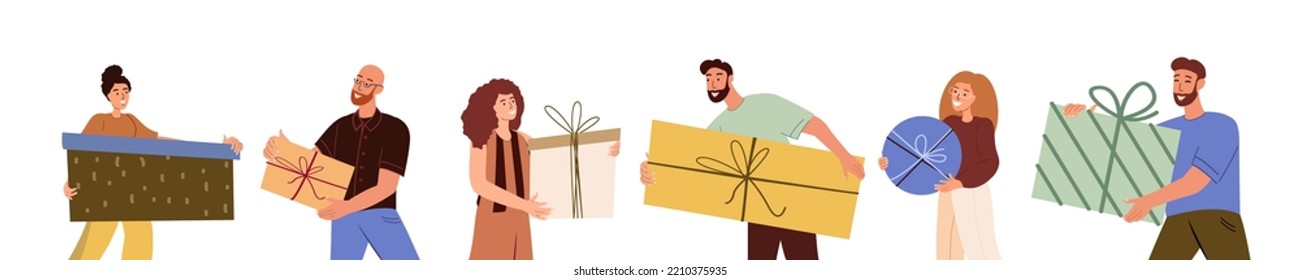 Happy smiling people with gift boxes for Christmas holidays,winter vacation.Birthdays Celebration.Men,women during Xmas holiday preparation.Flat graphic vector illustration isolated, white background