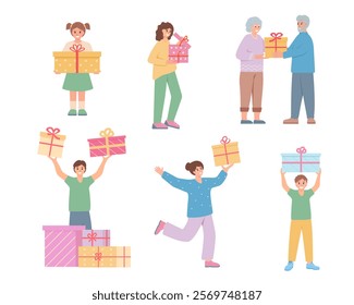 Happy smiling people with gifts. Set of men, women and children characters with gift boxes. Birthday and holidays concept. Flat vector illustration isolated on white background.