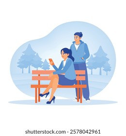 Happy smiling people holding mobile phones. A woman sitting on a park bench using a cell phone while a man standing nearby. Concept of Young People Using Smartphones. Flat vector illustration.