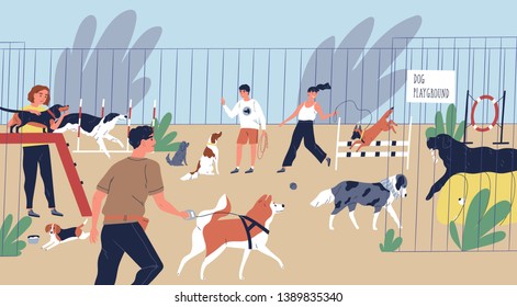 Happy smiling people playing with dogs at playground. Cute funny men and women walking and training domestic animals. Pets and their owners at city park. Flat cartoon colorful vector illustration.