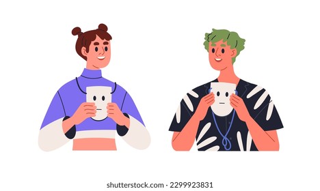 Happy smiling people revealing real feeling, showing positive attitude, love and respect, taking off neutral masks, face expressions. Flat graphic vector illustration isolated on white background