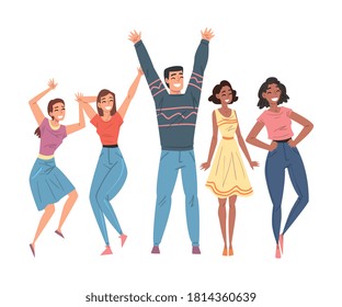 Happy Smiling People Set, Cheerful Guy and Girls Characters Having Fun Together Cartoon Style Vector Illustration